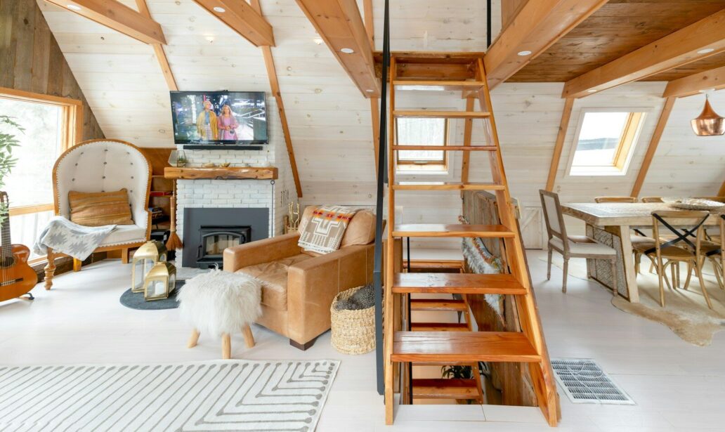 Modern home living room with loft ladder